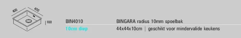 ABK Bingara επιφανειακό ανοξείδωτο νεροχύτη για άτομα με ειδικές ανάγκες 10cm βάθος 40x40cm επίπεδη εγκατάσταση, κάτω από την επιφάνεια και επικαθήμενη BIN4010FVI