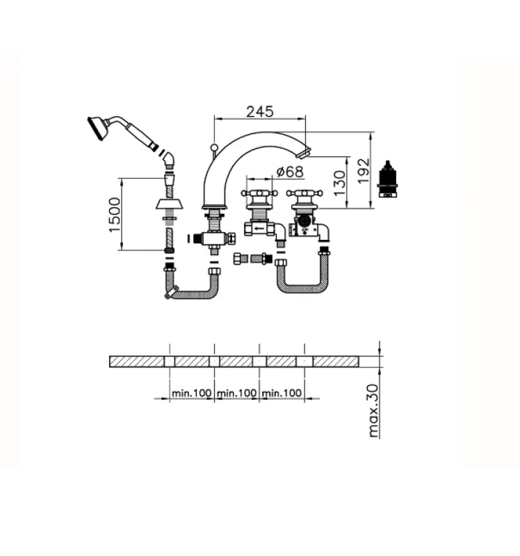 Χούμπερ Βικτωριανή 4-οπών Θερμοστατική Μπαταρία Μπάνιου με Σετ Ντους Ανοξείδωτο Ατσάλι VTT760102A