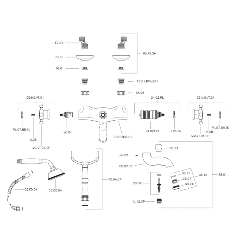 Huber Βικτωριανή Θερμοστατική Μπαταρία Μπάνιου με Σετ Ντους Χρυσό VTT330102G