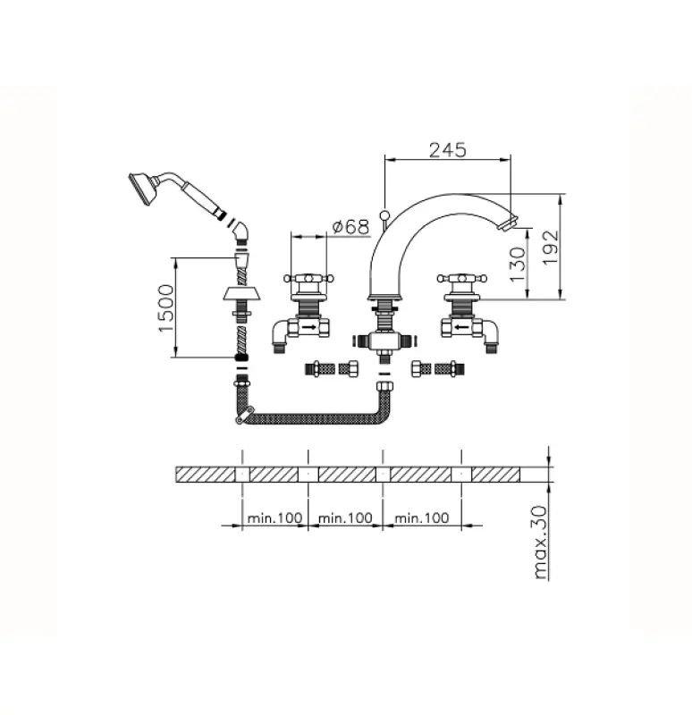 Χούμπερ Βικτωριανή Μπαταρία Μπάνιου 4 Οπών με Σετ Ντους Ανοξείδωτο Ατσάλι VT0002602A