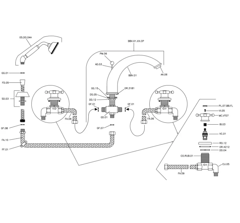 Χρυσή Μπαταρία Μπάνιου 4 οπών Huber Victorian με Σετ Ντους VT0002602G