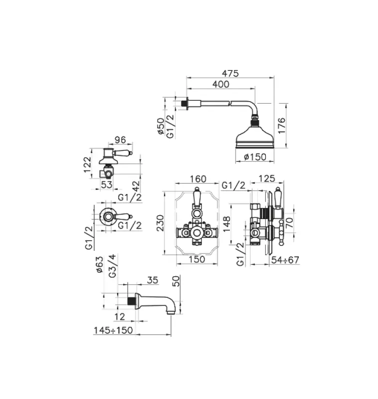 Huber Victorian Θερμοστατικό ενσωματωμένο σετ ντους, μπρούντζο 916.VT01H.BA