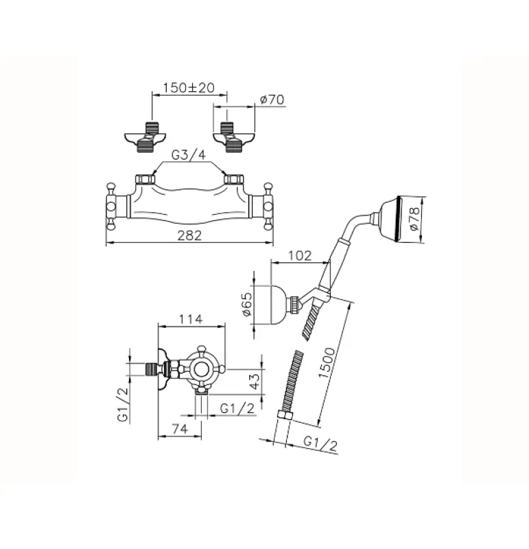 Χιούμπερ Βικτωριανή Θερμοστατική Βρύση Ντους με χειροκίνητο ντους Μπρονζέ VTD0101027
