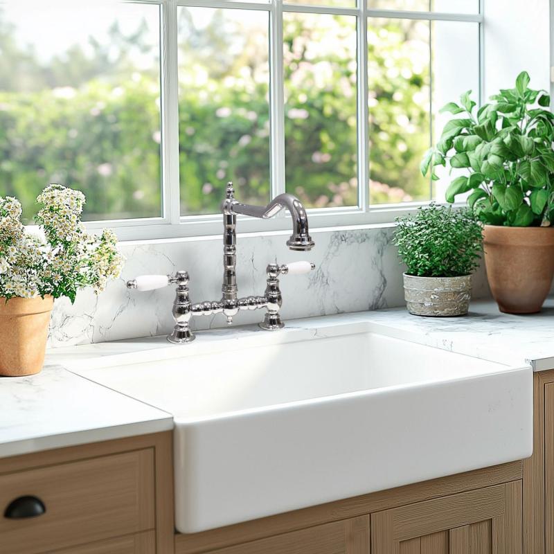 PB Νοσταλγική Βρύση Κουζίνας Γέφυρα Χρώμιο με γωνιακή ροή και λευκές λαβές PBN.CHR.H.WH