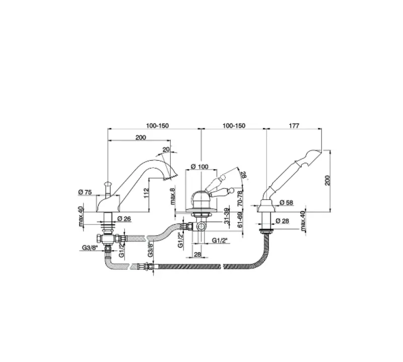 Cisal Arcana Αυτοκράτειρα 3-οπών Μίκτης μπανιέρας με χειροκίνητο ντους Χρώμιο EM00126021