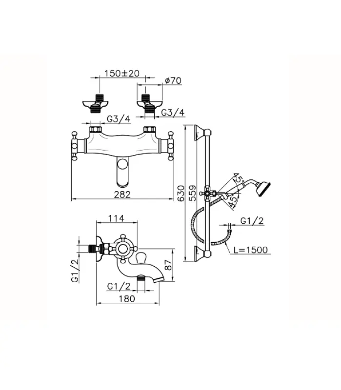 Χούμπερ Βικτωριανή Θερμοστατική Μπαταρία Μπάνιου με Σετ Ντους Χρυσό VTS270102G