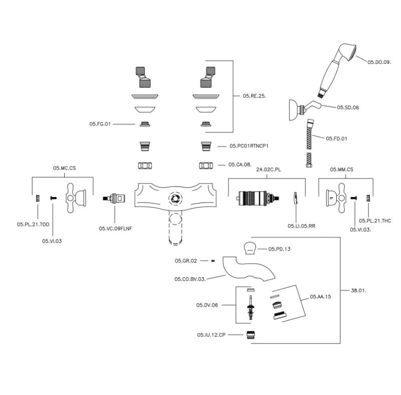 Huber Croisette Θερμοστατική Βρύση Μπάνιου με Σετ Χειροκίνητου Ντους Χρυσό CSD270102G