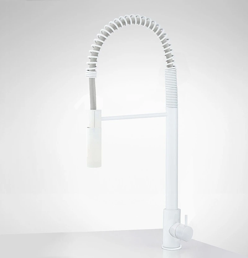 Waterrevolutie Flow semi-professionele keukenmengkraan mat wit met kolom en veer T157BR