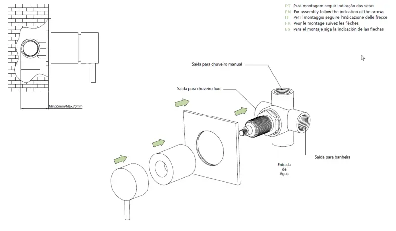 Ουάτερεβολούσιον Φλόου εντοιχισμένος 3-δρόμος εκτροπέας στρογγυλή ροζέτα μαύρο ματ T1483SPR