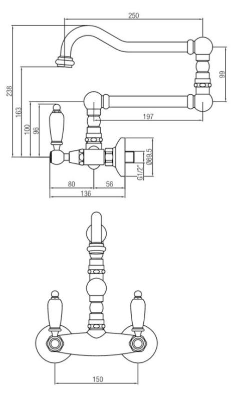 PB κλασική βρύση Τοποθέτηση στον τοίχο Λευκές λαβές Επιπλέον μακρύς περιστρεφόμενος ρουξούνι Μπρούντζος 1208854242