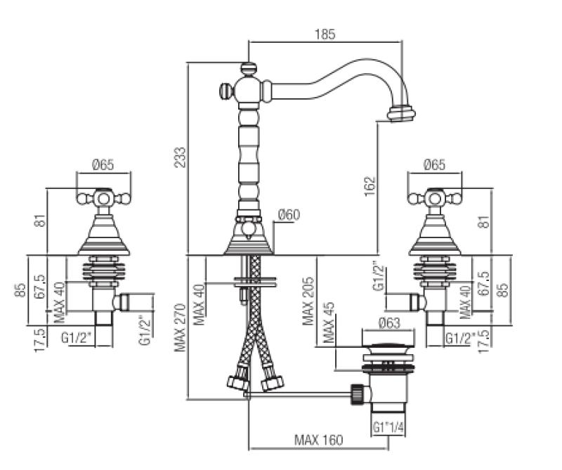 PB κλασική 3-οπών βρύση νιπτήρα με αστέρια λαβές στόμιο 18,5 cm Χάλκινο 1208854942