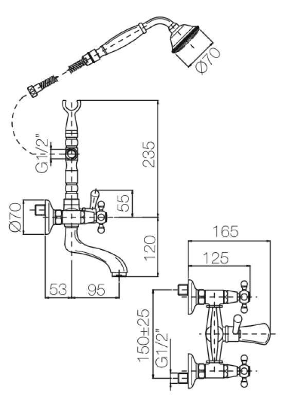 PB κλασική βρύση επιτοίχια σετ βρύσης μπάνιου με κουμπιά χρωμίου, συμπεριλαμβανομένου χειροκίνητου ντους 1208855152