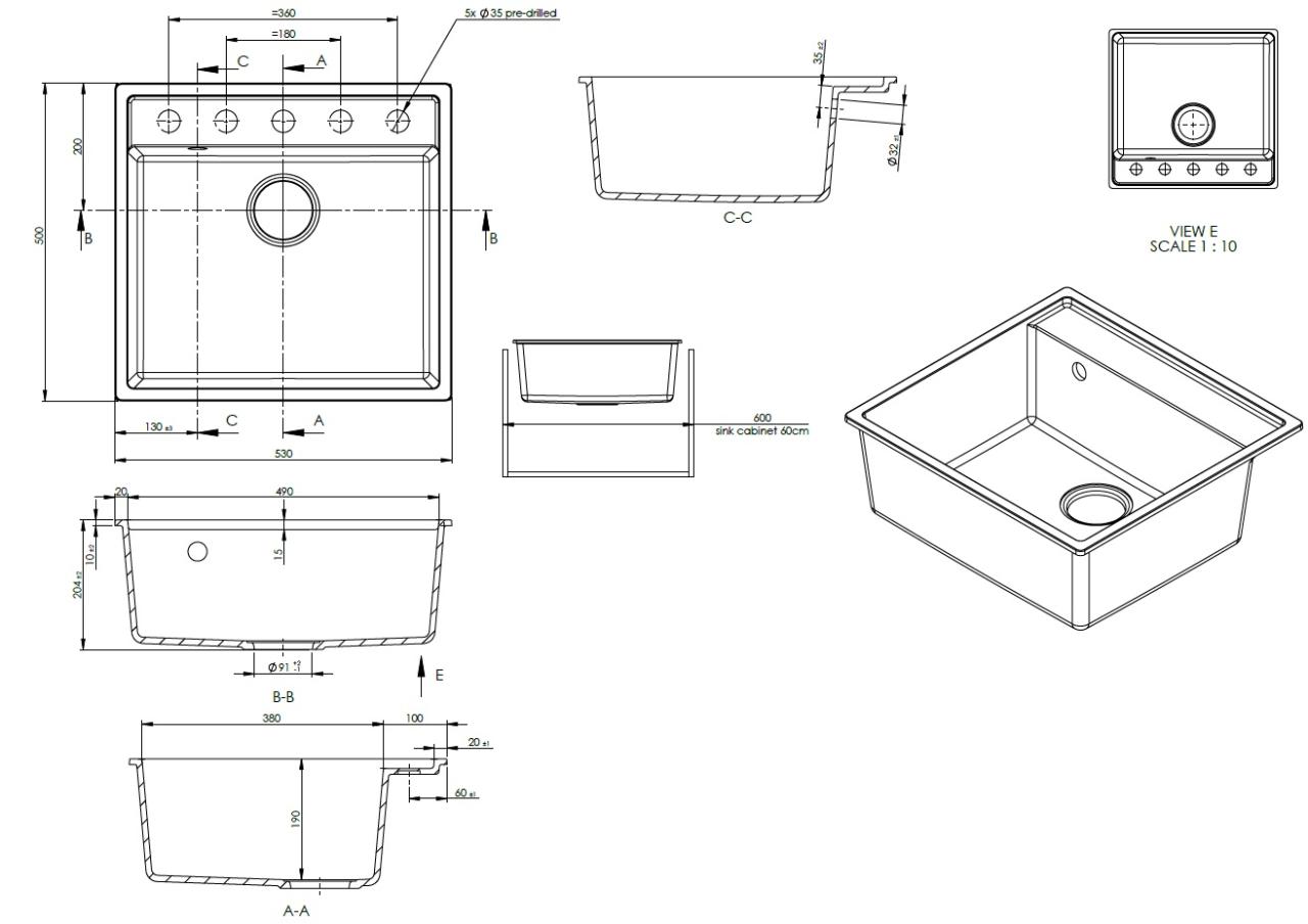 GraniteMy Bremen γρανίτης νεροχύτης 53x50 εκατοστά μαύρος επιφάνειας, εντοιχισμένος και επίπεδης εγκατάστασης με τρύπα βρύσης 1208952256