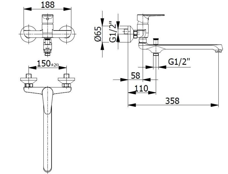 Μπλουσάνι ειδική μπαταρία τοίχου σε χρώμιο με μακρύ ρουξούνι 35cm και χειροκίνητο ντους 12089529