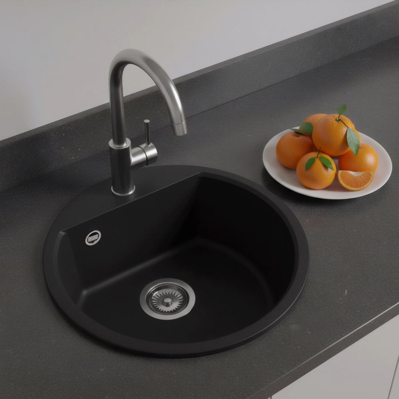 GraniteMy Bremen στρογγυλός γρανιτένιος νεροχύτης 43 cm μαύρος επιτραπέζιος και εντοιχισμένος με τρύπα για μπαταρία με ανοξείδωτο πώμα 1208953206