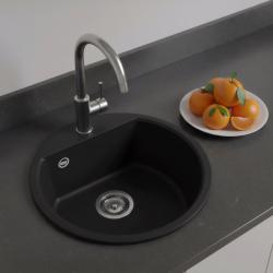 GraniteMy Bremen στρογγυλός γρανιτένιος νεροχύτης 43 cm μαύρος επιτραπέζιος και εντοιχισμένος με τρύπα για μπαταρία με ανοξείδωτο πώμα 1208953206