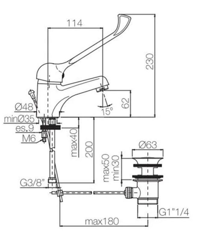 PB Clinic βρύση νιπτήρα για άτομα με αναπηρία με μακρύ μοχλό χρώμιο 1208953265