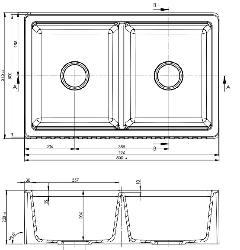 GraniteMy Παράδοση παραδοσιακός διπλός νεροχύτης 2 όψεων από γρανίτη 80x50cm μαύρος επάνω πάγκου, κάτω πάγκου και επίπεδη εγκατάσταση 1208953697