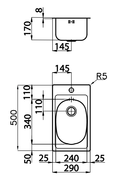Foster 900 Μικρός Νεροχύτης από Ανοξείδωτο Ατσάλι 29x50 cm με Οπή για Μπαταρία Επιφάνειας 1208953723