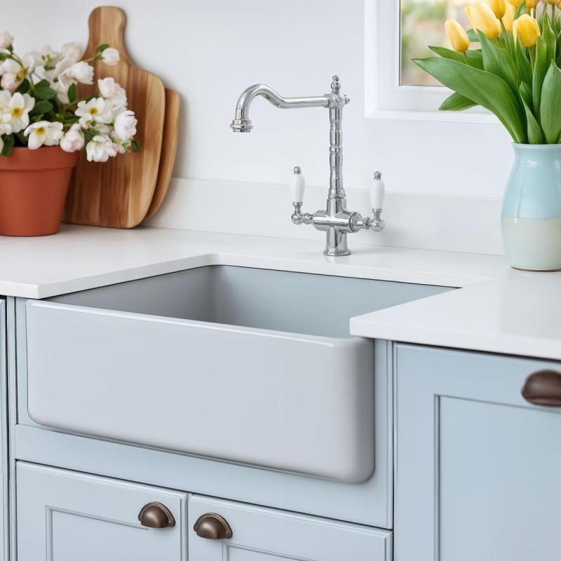 PB Νοσταλγική κλασική παραδοσιακή βρύση κουζίνας χρωμίου με λευκές λαβές 1208953911