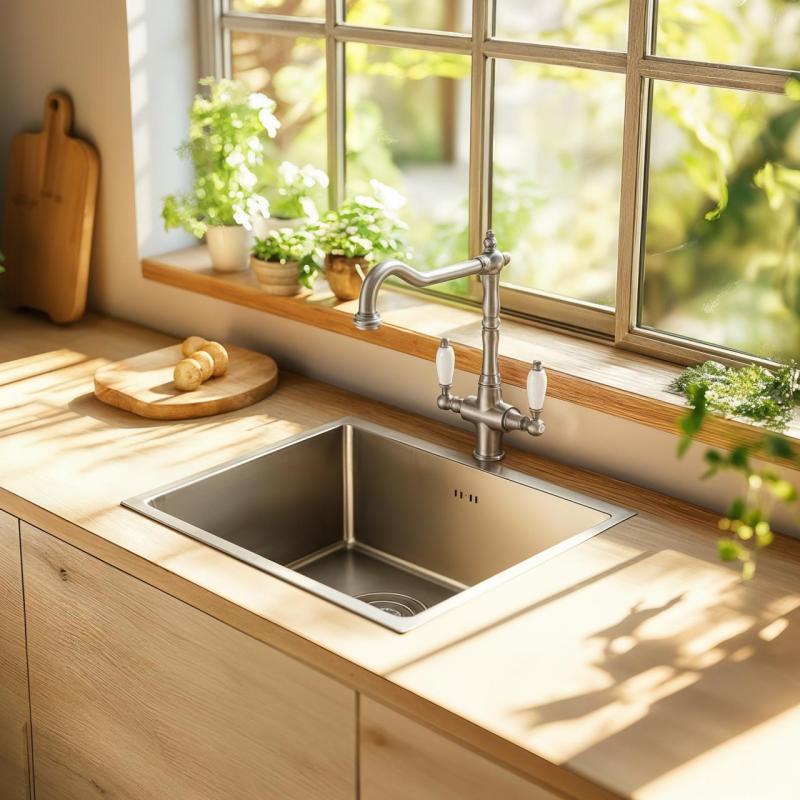 PB Νοσταλγική κλασική παραδοσιακή βρύση κουζίνας από ανοξείδωτο ατσάλι με λευκές λαβές 1208953915