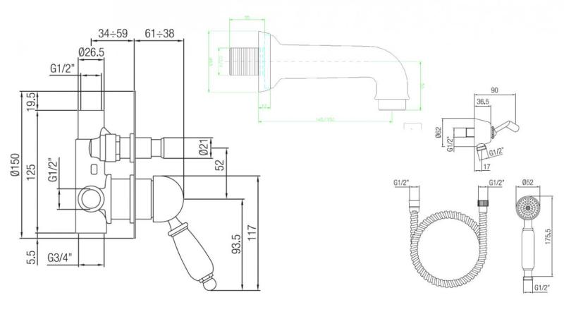 PB νοσταλγικό εντοιχισμένο σετ μπάνιου Μπρούντζος