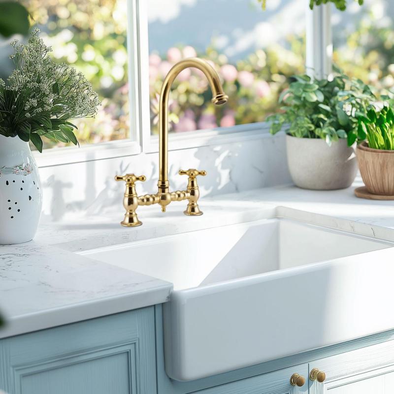 PB Νοσταλγική Βρύση Κουζίνας Γέφυρας Ορείχαλκος Φυσική στρογγυλή καμπύλη με αστέρια κουμπιά 1208954669