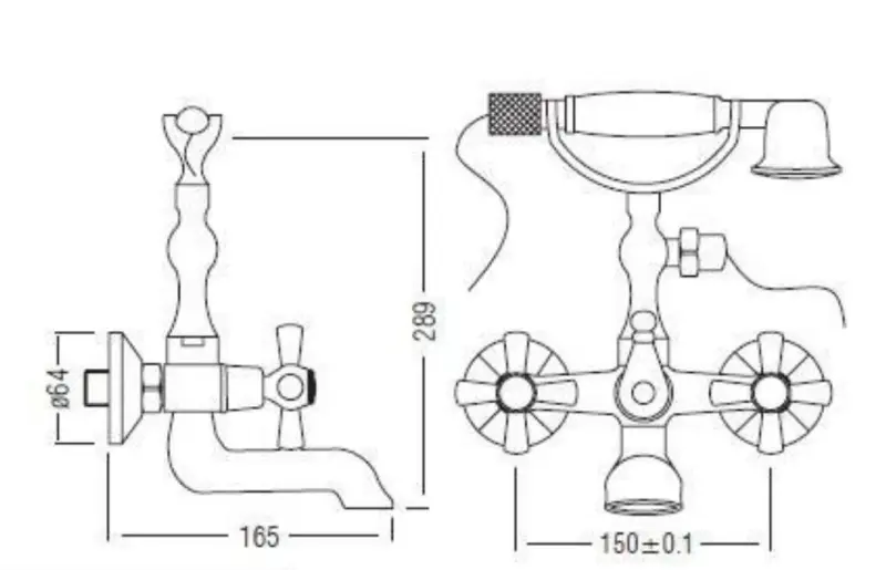 Aquadesign Marseille κλασική επιτοίχια βρύση μπάνιου με κουμπιά σε σχήμα αστεριού, χάλκινη, με ντους χειρός