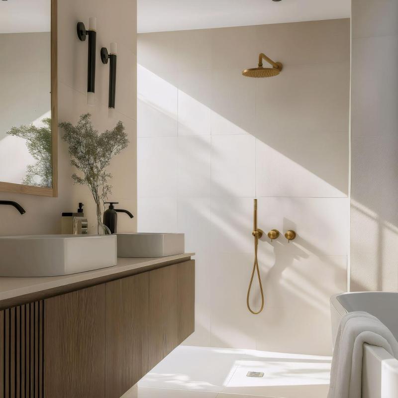 WaterEvolution Flow ingebouwde doucheset met thermostaat, regendouche en handdouche in geborsteld messing