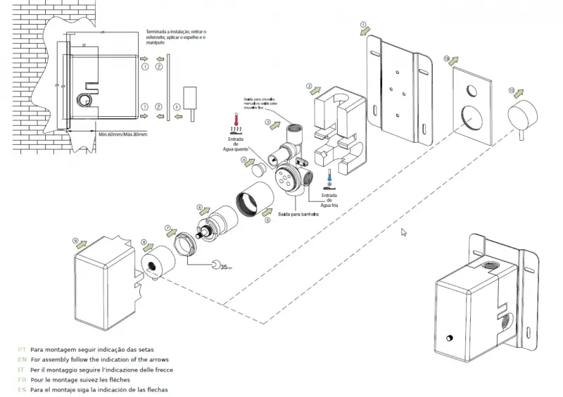 WaterEvolution Flow ingebouwde doucheset met thermostaat, regendouche en handdouche in geborsteld messing