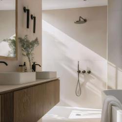 Waterevolution Flow εντοιχισμένο σετ ντους με θερμοστάτη, ντους βροχής και χειροκίνητο ντους σε gun metal