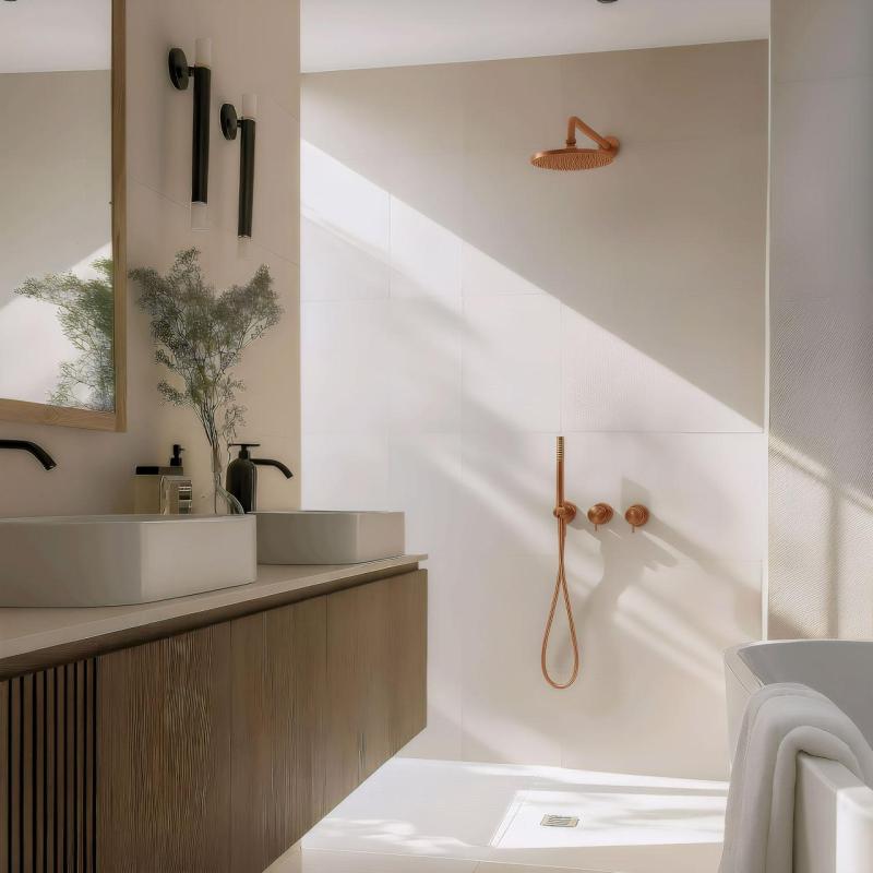 Water Evolution Flow εντοιχισμένο σετ ντους με θερμοστάτη, ντους οροφής και χειροκίνητο ντους, βουρτσισμένος χαλκός PVD.