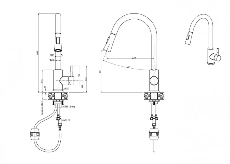 Quadri Leeds μπαταρία κουζίνας με αποσπώμενο ντους δύο λειτουργιών βουρτσισμένο ατσάλι 1208955909