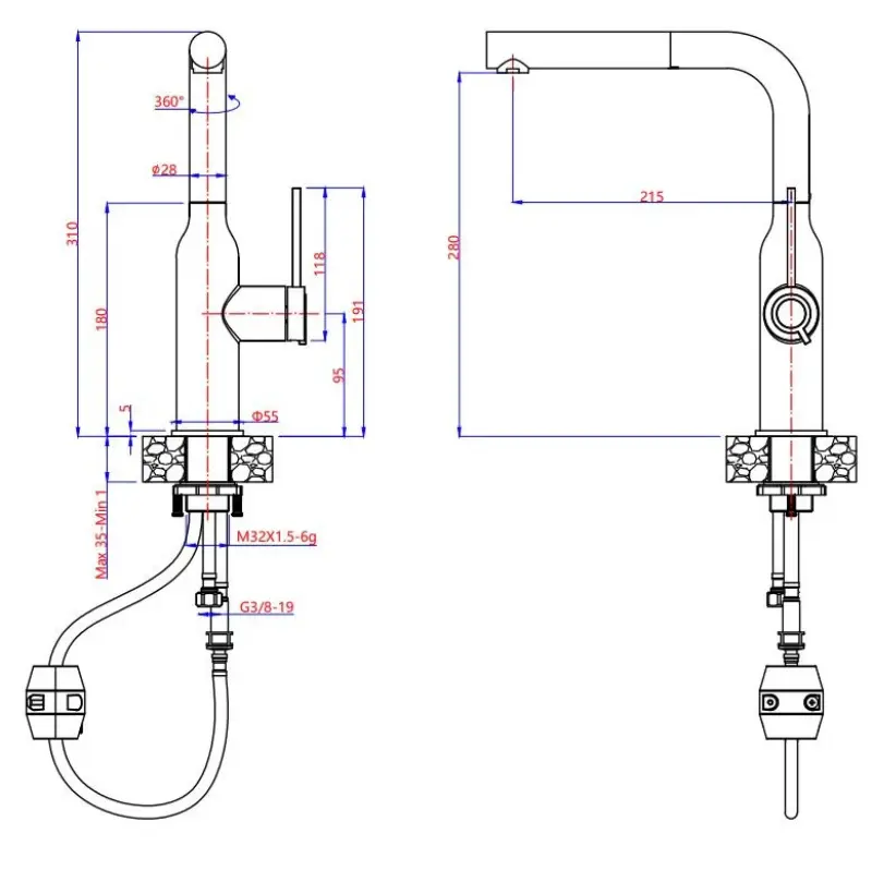 Quadri Stamford μπαταρία κουζίνας με αποσπώμενο στόμιο μαύρο ματ 1208956082