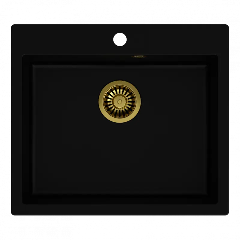 Quadri Sheffield μαύρος γρανιτένιος εντοιχισμένος νεροχύτης 57x50cm με θέση για βρύση και χρυσό βύσμα 1208956116