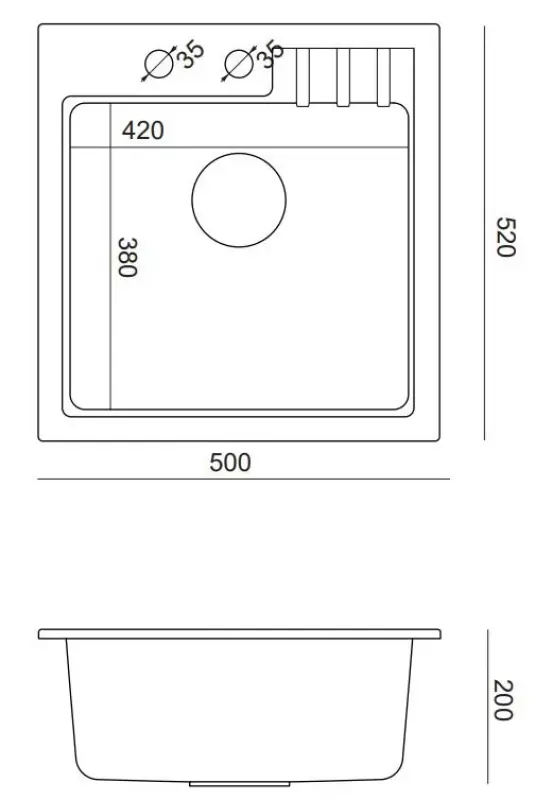 Quadri ζακέτα γρανίτη νεροχύτης 50x52cm με μαύρο βύσμα με τρύπα για μπαταρία 1208956162