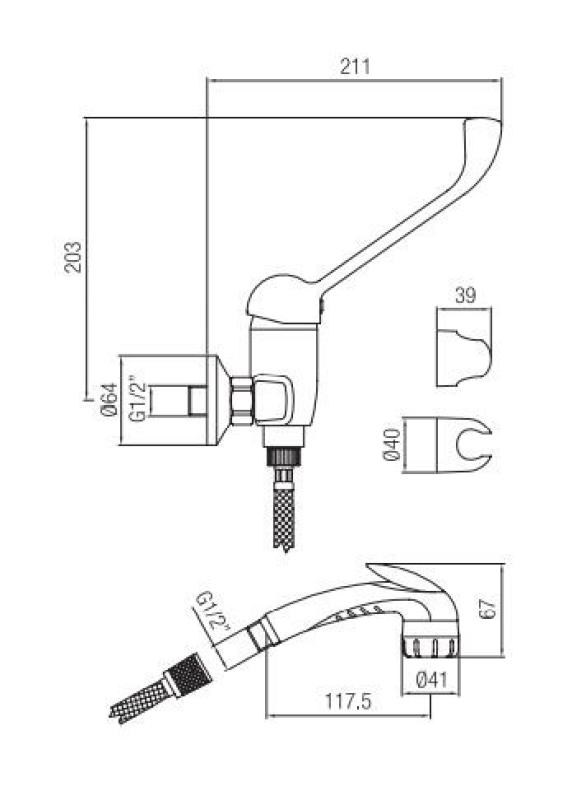 PB Clinic Μπαταρία ντους για άτομα με ειδικές ανάγκες με μακρύ χερούλι χρωμίου με σπρέι ντους 1208956283