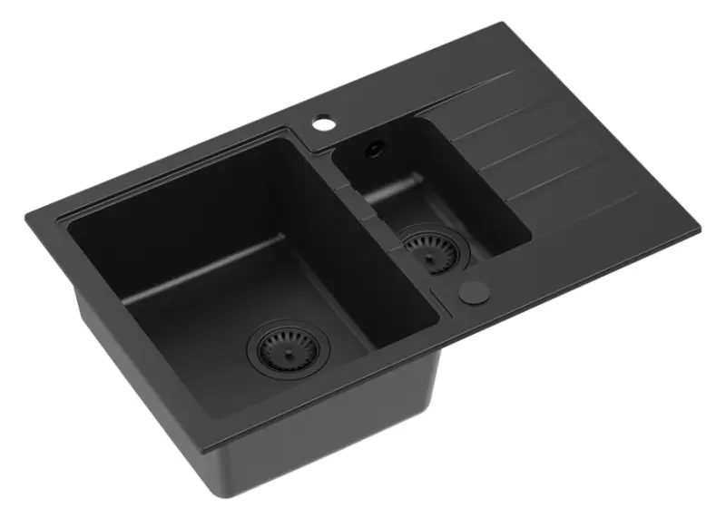 Quadri ζακέτα μαύρος 1,5 γρανιτένιος επιτραπέζιος νεροχύτης με αναστρέψιμη επιφάνεια αποστράγγισης 78x50cm με μαύρο πώμα 1208956315