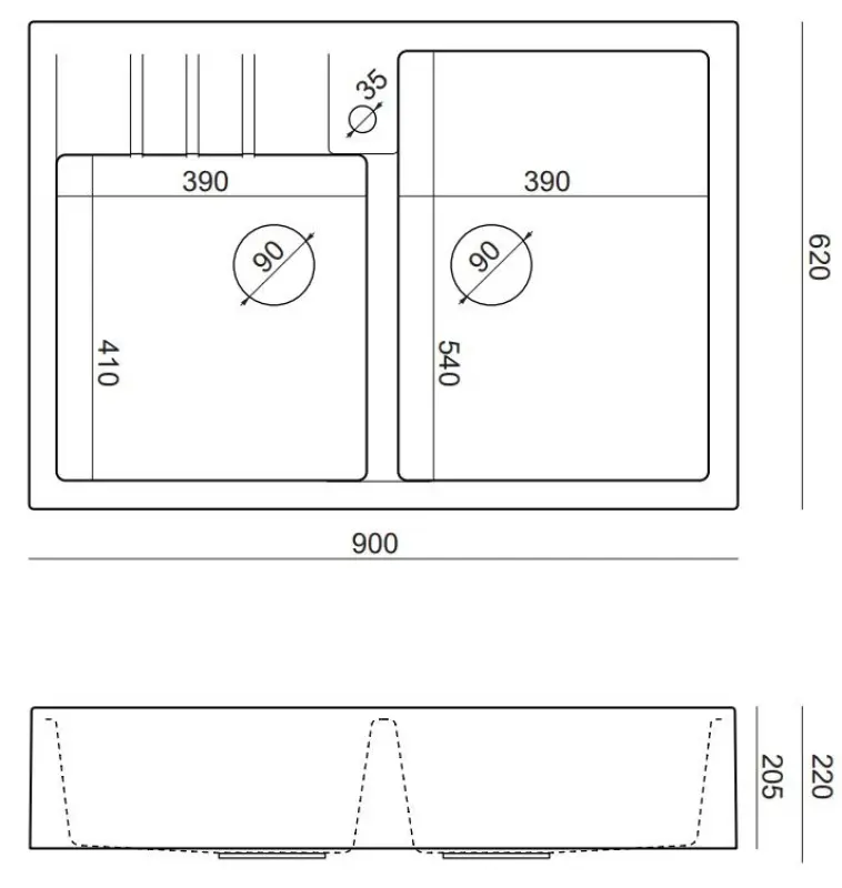 Quadri Υπουργικό Διπλό Νεροχύτη λευκός αγροτικός μοντέλο 90x62cm με χάλκινη τάπα και υπερχείλιση 1208956329