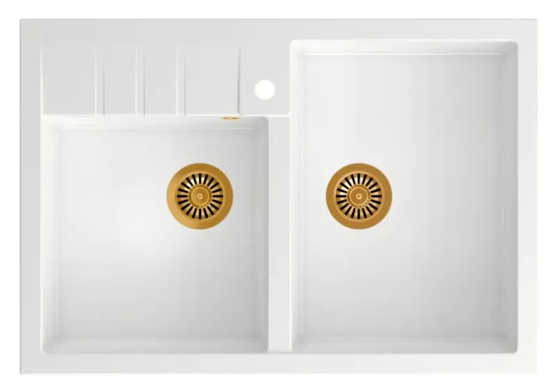 Quadri Υπουργικό Διπλό Νεροχύτη λευκός αγροτικός μοντέλο 90x62cm με χάλκινη τάπα και υπερχείλιση 1208956329