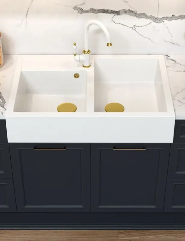 Quadri Υπουργικό Διπλό Νεροχύτη λευκός αγροτικός μοντέλο 90x62cm με χάλκινη τάπα και υπερχείλιση 1208956329