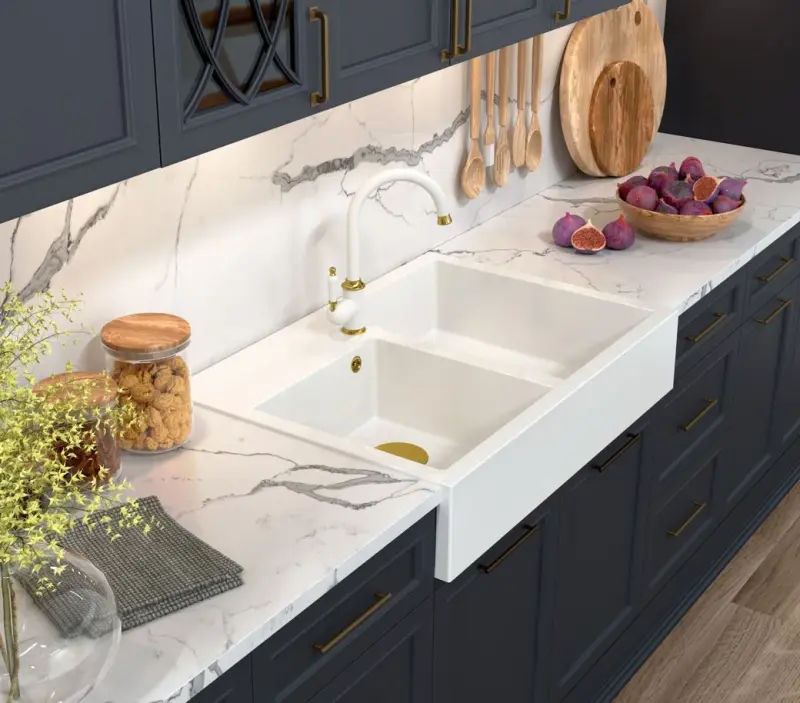 Quadri Υπουργικό Διπλό Νεροχύτη λευκός αγροτικός μοντέλο 90x62cm με χάλκινη τάπα και υπερχείλιση 1208956329