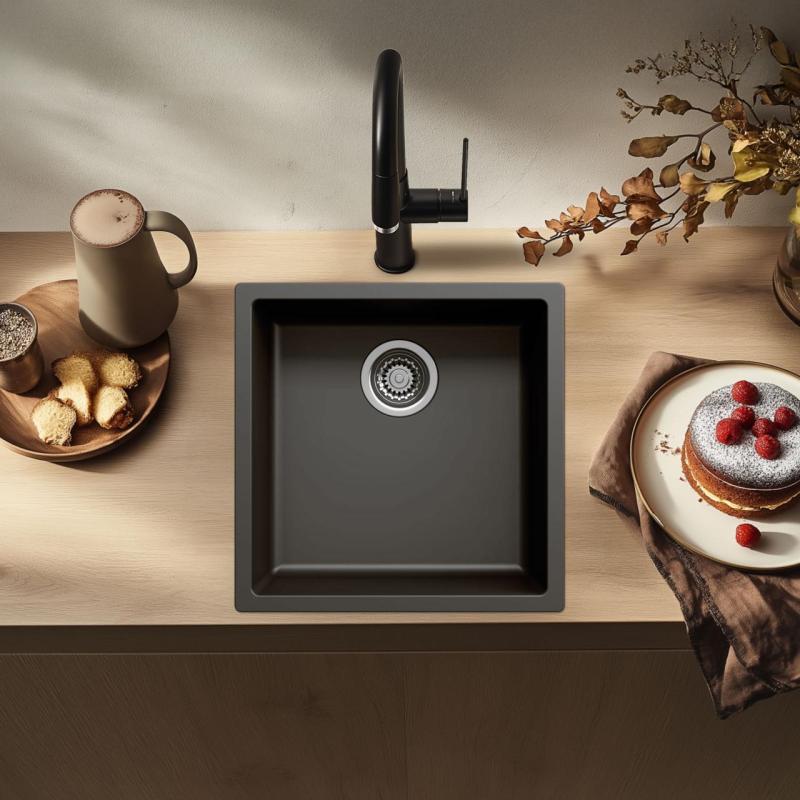 Μαύρος νεροχύτης 40x40cm υποεντοιχισμένος, επιτραπέζιος και επίπεδης κατασκευής με ανοξείδωτο πώμα 1208956390