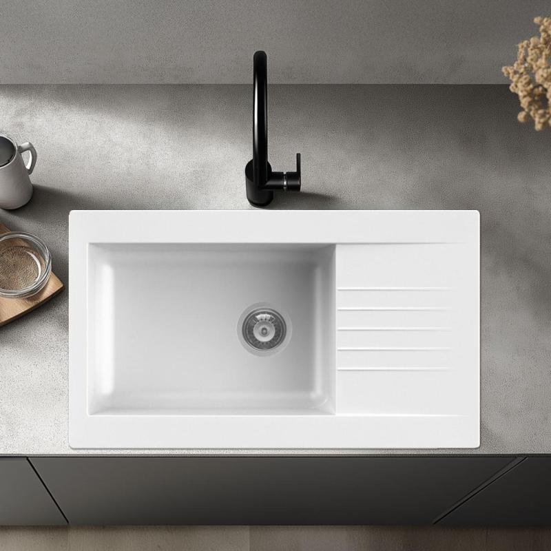 Ausmann Fibre μεγάλη λευκή πλαστική νεροχύτη αναστρέψιμη με επιφάνεια αποστράγγισης 86x50 cm 1208956782