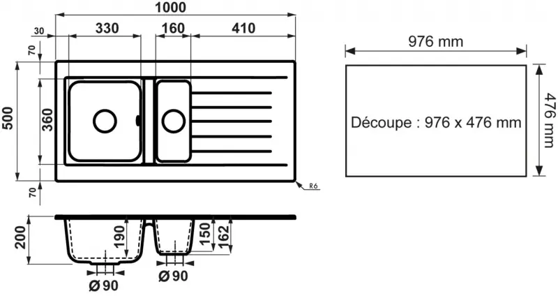 Ausmann Fibre 1,5 μαύρο πλαστικό νεροχύτη αναστρέψιμο με αποστραγγιστήρα επιφανείας 100x50 cm με μαύρο πώμα 1208956784