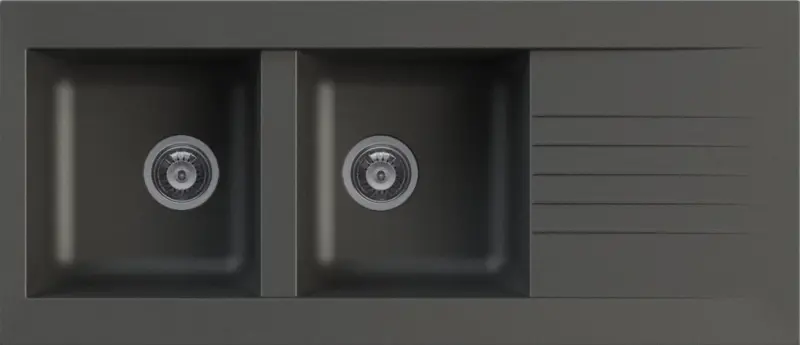 Ausmann Fibre διπλός μαύρος πλαστικός νεροχύτης με δυνατότητα αντιστροφής και επιφάνεια αποστράγγισης, εντοιχισμένος 116x50 cm 1208956787