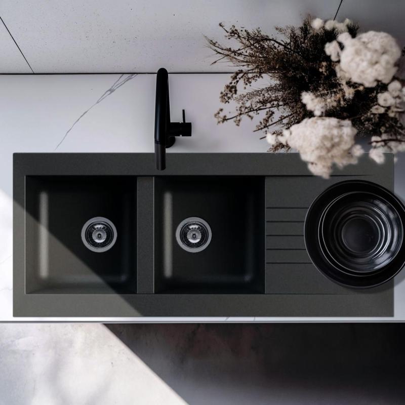 Ausmann Fibre διπλός μαύρος πλαστικός νεροχύτης με δυνατότητα αντιστροφής και επιφάνεια αποστράγγισης, εντοιχισμένος 116x50 cm 1208956787