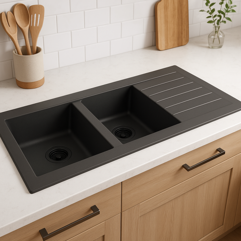 Ausmann Fibre διπλό μαύρο πλαστικό νεροχύτη αναστρέψιμο με αποστραγγιστήρα επιφάνειας 116x50 cm με μαύρο πώμα 1208956790