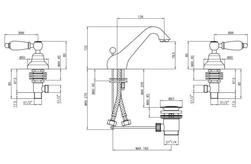 PB κλασική βρύση 3 οπών χαμηλή βρύση νιπτήρα Λευκές λαβές Ανοξείδωτο ατσάλι 1208956908