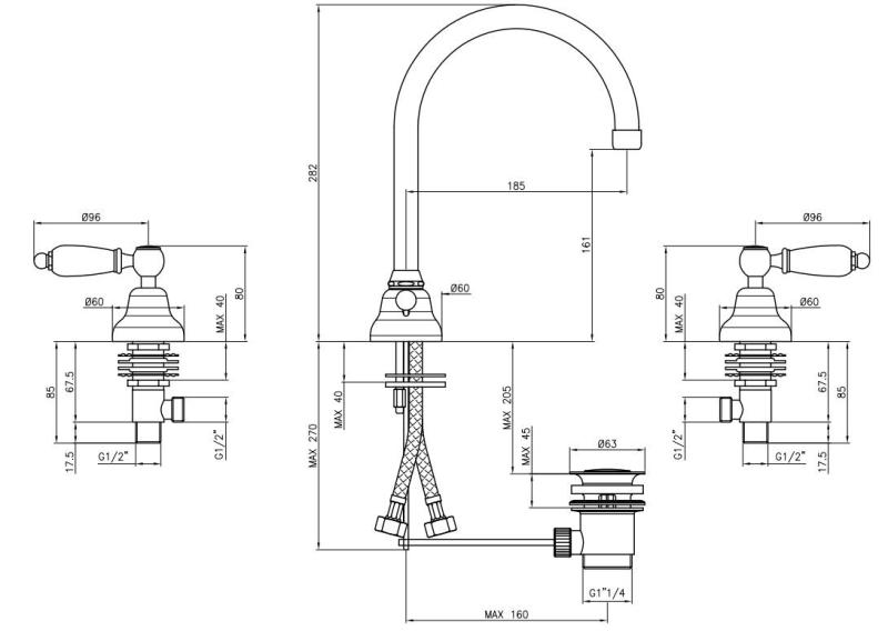 PB κλασική βρύση 3 οπών για νιπτήρα, Λευκοί μοχλοί με στρογγυλή ροή, ανοξείδωτο ατσάλι 1208956914